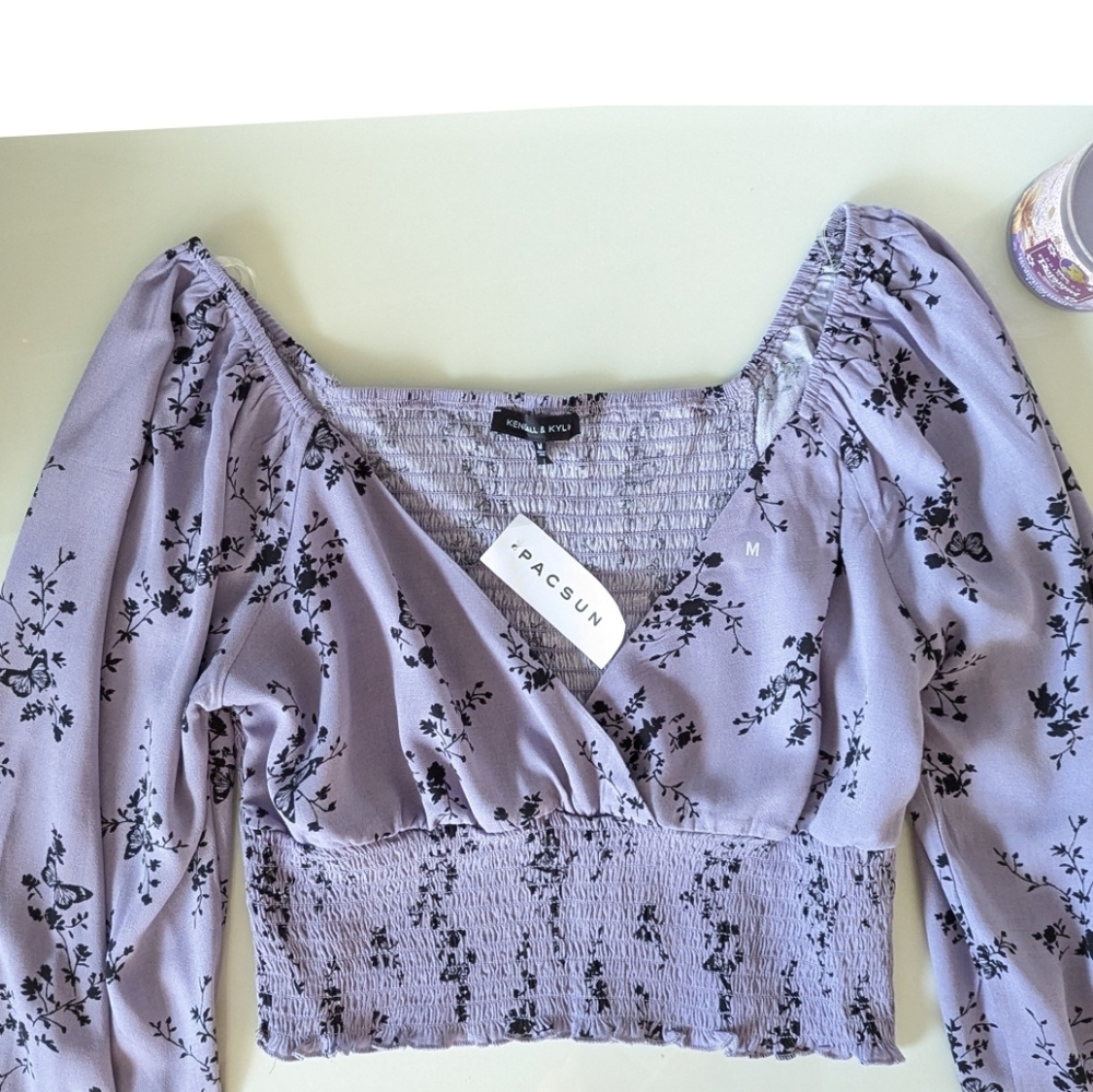 Kendall And Kylie Surplice Floral Butterfly Long Sleeve Blouse